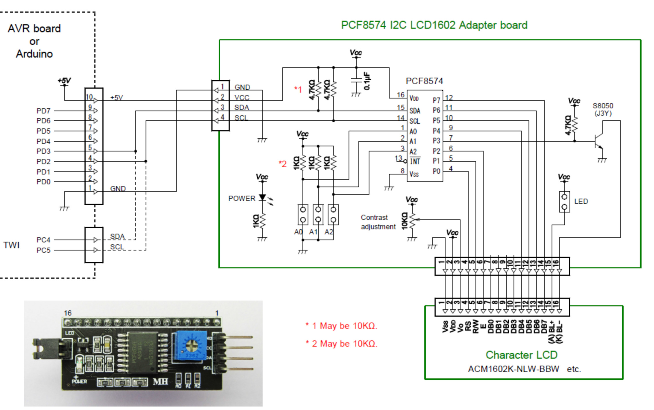 Arduino I2C + Port-Expander to drive LCDs
https://avrhelp.mcselec.com/index.html?lcd_i2c_pcf8574.htm
