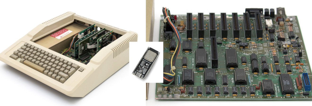 Apple IIe motherboard from 1983 and ESP32 from 2020+
https://www.oldcomputr.com/apple-iie-1983/
