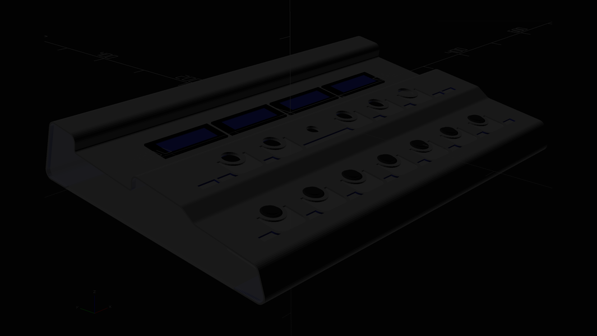 OpenSCAD rendering of my initial
DIY MIDI MUSIC WORKSTATION PEDAL BOARD.
