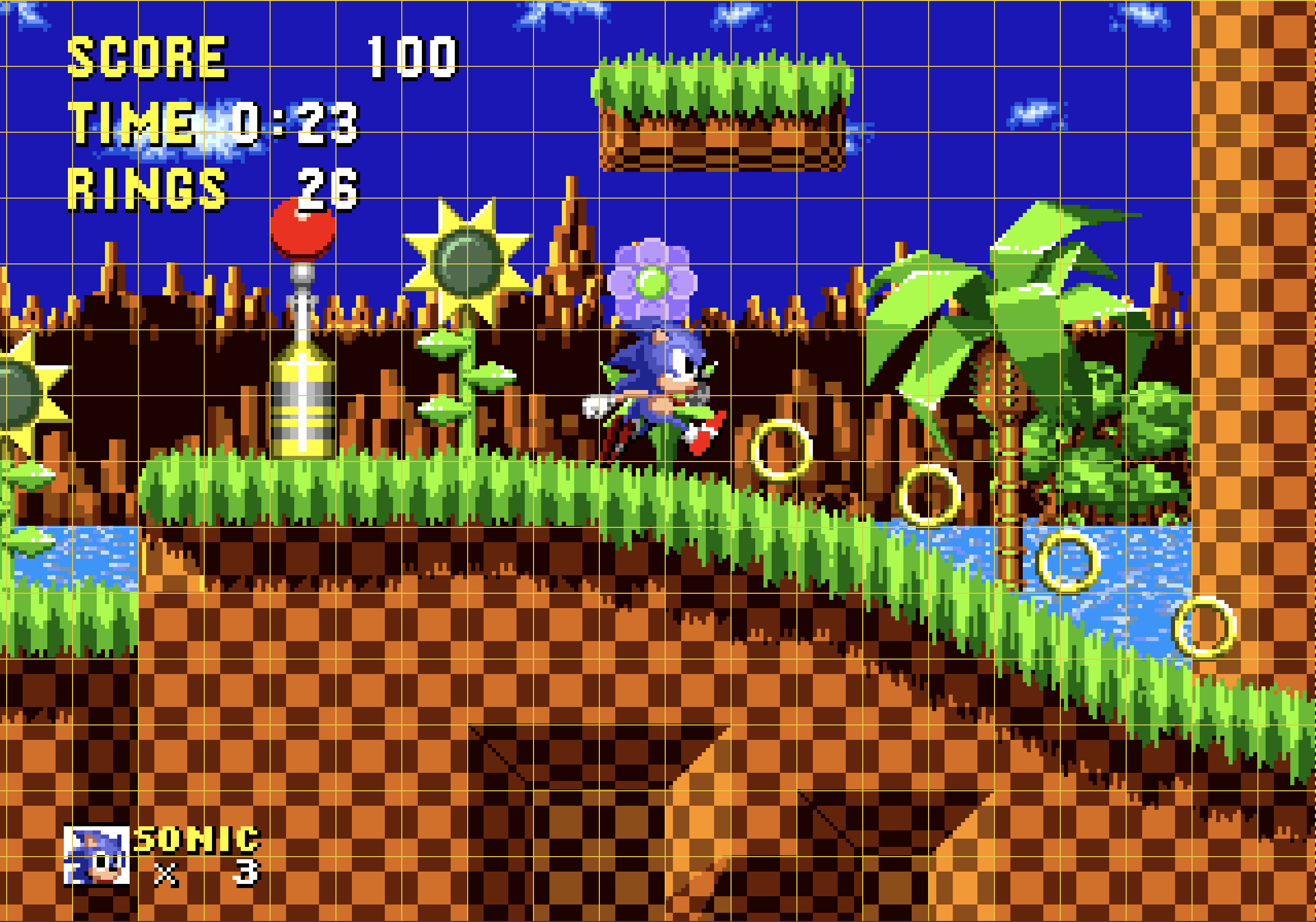 Sonic 1, 1991
(16 * 16 pixel grid added)
https://sonic.fandom.com/wiki/Sonic_the_Hedgehog_(1991)